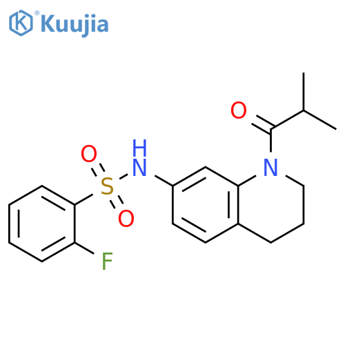 2-fluoro-N-[1-(2-methylpropanoyl)-1,2,3,4-tetrahydroquinolin-7-yl]benzene-1-sulfonamide structure