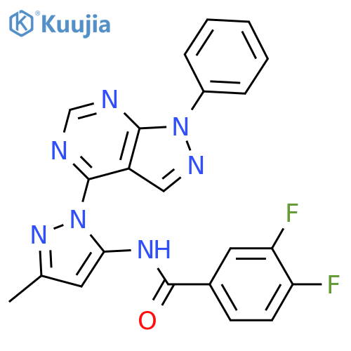 3,4-difluoro-N-(3-methyl-1-{1-phenyl-1H-pyrazolo[3,4-d]pyrimidin-4-yl}-1H-pyrazol-5-yl)benzamide structure