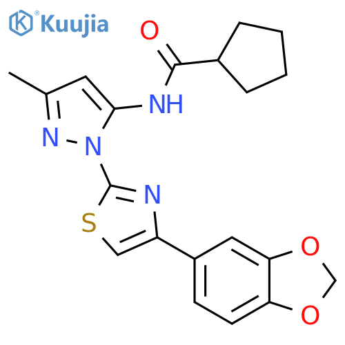 N-{1-[4-(2H-1,3-benzodioxol-5-yl)-1,3-thiazol-2-yl]-3-methyl-1H-pyrazol-5-yl}cyclopentanecarboxamide structure