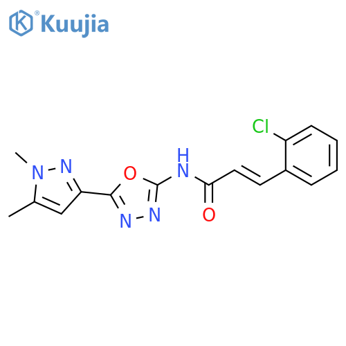 (2E)-3-(2-chlorophenyl)-N-[5-(1,5-dimethyl-1H-pyrazol-3-yl)-1,3,4-oxadiazol-2-yl]prop-2-enamide structure