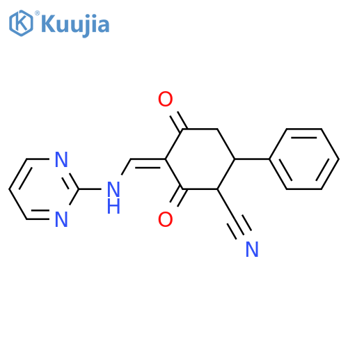 (3Z)-2,4-dioxo-6-phenyl-3-[(pyrimidin-2-ylamino)methylidene]cyclohexane-1-carbonitrile structure