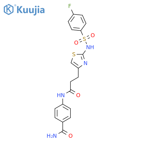 4-{3-[2-(4-fluorobenzenesulfonamido)-1,3-thiazol-4-yl]propanamido}benzamide structure
