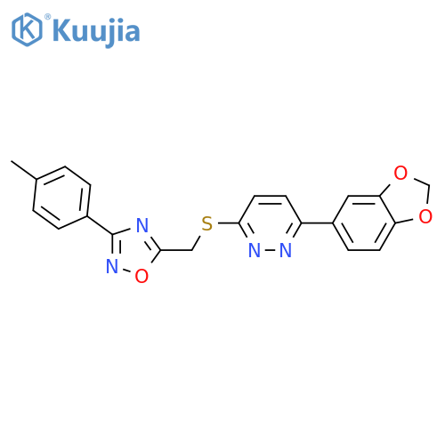 3-(2H-1,3-benzodioxol-5-yl)-6-({[3-(4-methylphenyl)-1,2,4-oxadiazol-5-yl]methyl}sulfanyl)pyridazine structure