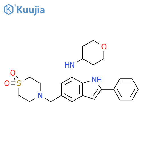 1H-Indol-7-amine, 5-[(1,1-dioxido-4-thiomorpholinyl)methyl]-2-phenyl-N-(tetrahydro-2H-pyran-4-yl)- structure
