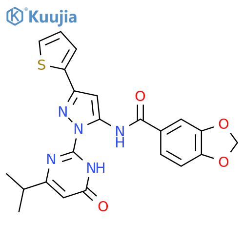 N-{1-6-oxo-4-(propan-2-yl)-1,6-dihydropyrimidin-2-yl-3-(thiophen-2-yl)-1H-pyrazol-5-yl}-2H-1,3-benzodioxole-5-carboxamide structure