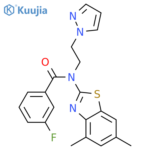 N-(4,6-dimethyl-1,3-benzothiazol-2-yl)-3-fluoro-N-2-(1H-pyrazol-1-yl)ethylbenzamide structure