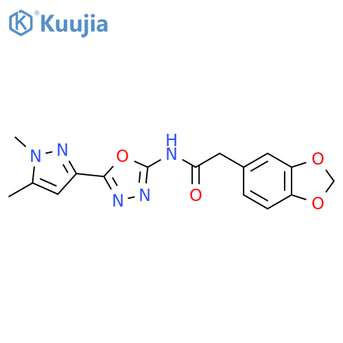 2-(2H-1,3-benzodioxol-5-yl)-N-5-(1,5-dimethyl-1H-pyrazol-3-yl)-1,3,4-oxadiazol-2-ylacetamide structure