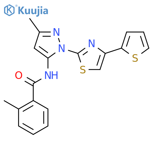 2-methyl-N-{3-methyl-1-4-(thiophen-2-yl)-1,3-thiazol-2-yl-1H-pyrazol-5-yl}benzamide structure