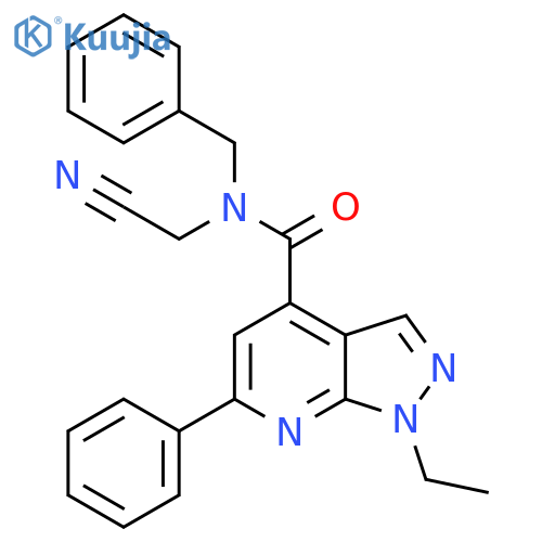 N-benzyl-N-(cyanomethyl)-1-ethyl-6-phenyl-1H-pyrazolo[3,4-b]pyridine-4-carboxamide structure