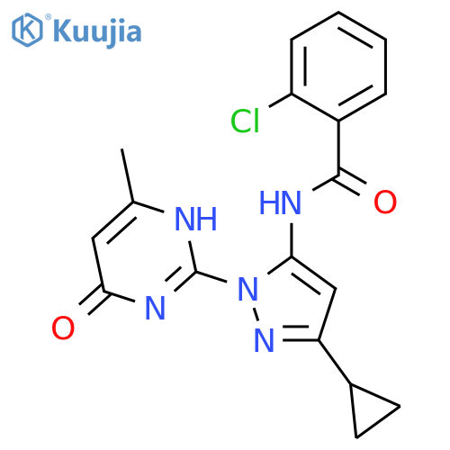 2-chloro-N-3-cyclopropyl-1-(4-methyl-6-oxo-1,6-dihydropyrimidin-2-yl)-1H-pyrazol-5-ylbenzamide structure