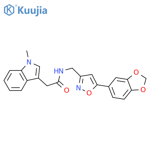 N-{5-(2H-1,3-benzodioxol-5-yl)-1,2-oxazol-3-ylmethyl}-2-(1-methyl-1H-indol-3-yl)acetamide structure