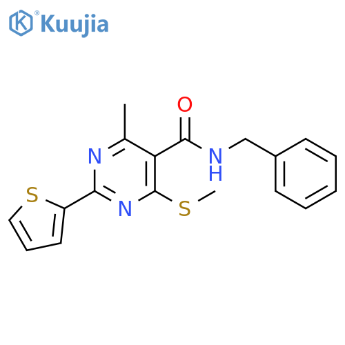 N-benzyl-4-methyl-6-(methylsulfanyl)-2-(thiophen-2-yl)pyrimidine-5-carboxamide structure