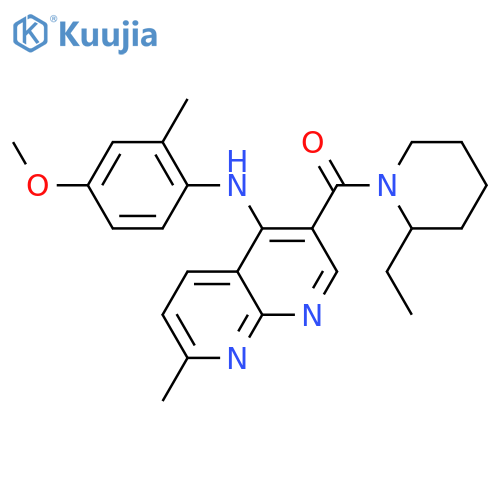 3-(2-ethylpiperidine-1-carbonyl)-N-(4-methoxy-2-methylphenyl)-7-methyl-1,8-naphthyridin-4-amine structure