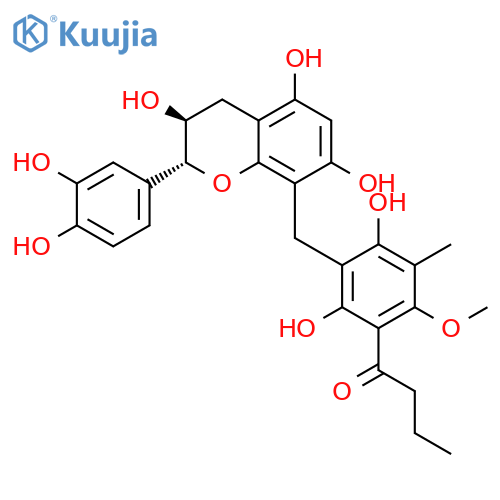 1-Butanone,1-[3-[[(2R,3S)-2-(3,4-dihydroxyphenyl)-3,4-dihydro-3,5,7-trihydroxy-2H-1-benzopyran-8-yl]methyl]-2,4-dihydroxy-6-methoxy-5-methylphenyl]- structure