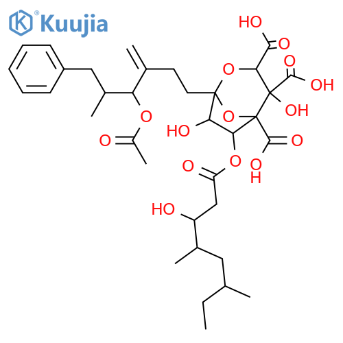 L-erythro-L-glycero-D-altro-7-Trideculo-7,4-furanosonic acid, 2,7-anhydro-3,4-di-C-carboxy-8,9,10,12,13-pentadeoxy-10-methylene-12-(phenylmethyl)-, 11-acetate 5-(3-hydroxy-4,6-dimethyloctanoate), (7S)- (9CI) structure