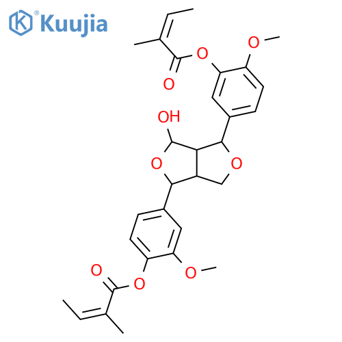 2-Butenoic acid, 2-methyl-, 2-methoxy-4-[(1R,3S,3aR,4R,6aS)-tetrahydro-3-hydroxy-4-[4-methoxy-3-[[(2Z)-2-methyl-1-oxo-2-butenyl]oxy]phenyl]-1H,3H-furo[3,4-c]furan-1-yl]phenyl ester, (2Z)-rel-(+)- (9CI) structure
