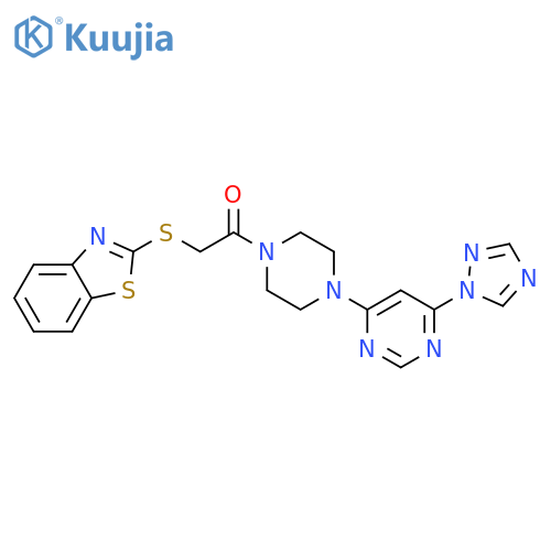 2-(1,3-benzothiazol-2-ylsulfanyl)-1-[4-[6-(1,2,4-triazol-1-yl)pyrimidin-4-yl]piperazin-1-yl]ethanone structure