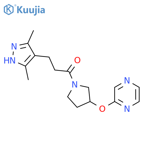 3-(3,5-dimethyl-1H-pyrazol-4-yl)-1-[3-(pyrazin-2-yloxy)pyrrolidin-1-yl]propan-1-one structure