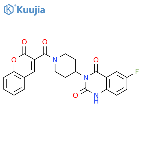 6-fluoro-3-[1-(2-oxo-2H-chromene-3-carbonyl)piperidin-4-yl]-1,2,3,4-tetrahydroquinazoline-2,4-dione structure