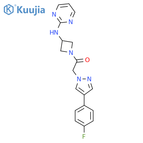 2-4-(4-fluorophenyl)-1H-pyrazol-1-yl-1-{3-(pyrimidin-2-yl)aminoazetidin-1-yl}ethan-1-one structure