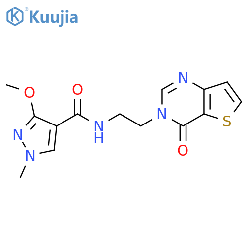 3-methoxy-1-methyl-N-(2-{4-oxo-3H,4H-thieno[3,2-d]pyrimidin-3-yl}ethyl)-1H-pyrazole-4-carboxamide structure