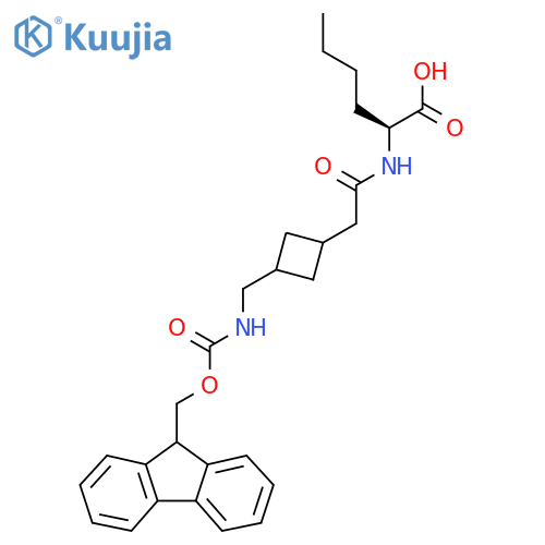 (2S)-2-(2-{3-({(9H-fluoren-9-yl)methoxycarbonyl}amino)methylcyclobutyl}acetamido)hexanoic acid structure