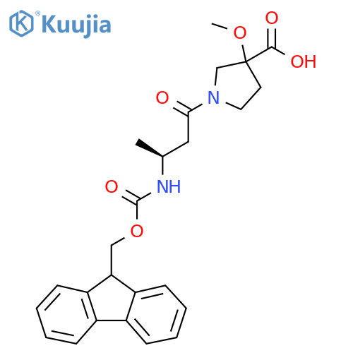 1-(3S)-3-({(9H-fluoren-9-yl)methoxycarbonyl}amino)butanoyl-3-methoxypyrrolidine-3-carboxylic acid structure