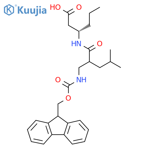 (3S)-3-{2-({(9H-fluoren-9-yl)methoxycarbonyl}amino)methyl-4-methylpentanamido}hexanoic acid structure