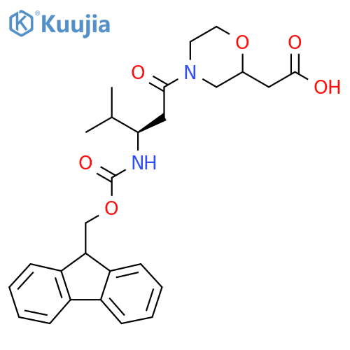 2-{4-(3R)-3-({(9H-fluoren-9-yl)methoxycarbonyl}amino)-4-methylpentanoylmorpholin-2-yl}acetic acid structure