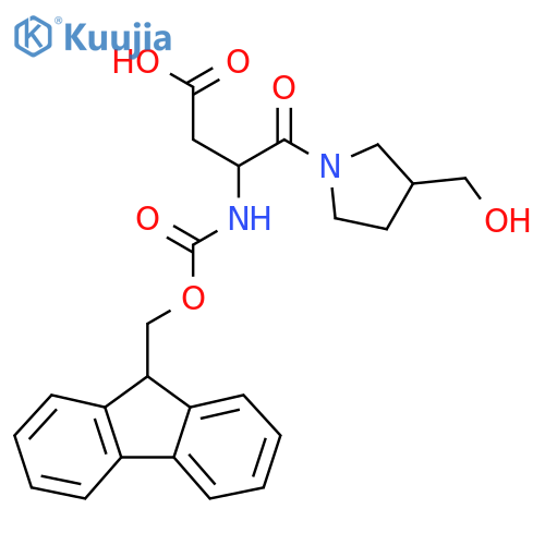 3-({(9H-fluoren-9-yl)methoxycarbonyl}amino)-4-3-(hydroxymethyl)pyrrolidin-1-yl-4-oxobutanoic acid structure