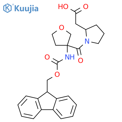 2-{1-3-({(9H-fluoren-9-yl)methoxycarbonyl}amino)oxolane-3-carbonylpyrrolidin-2-yl}acetic acid structure