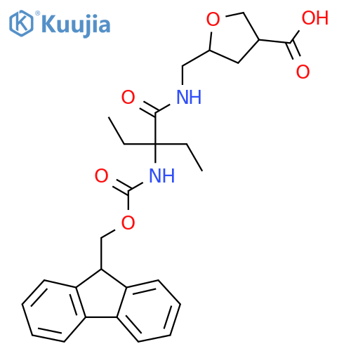 5-{2-ethyl-2-({(9H-fluoren-9-yl)methoxycarbonyl}amino)butanamidomethyl}oxolane-3-carboxylic acid structure