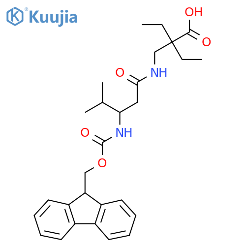 2-ethyl-2-{3-({(9H-fluoren-9-yl)methoxycarbonyl}amino)-4-methylpentanamidomethyl}butanoic acid structure