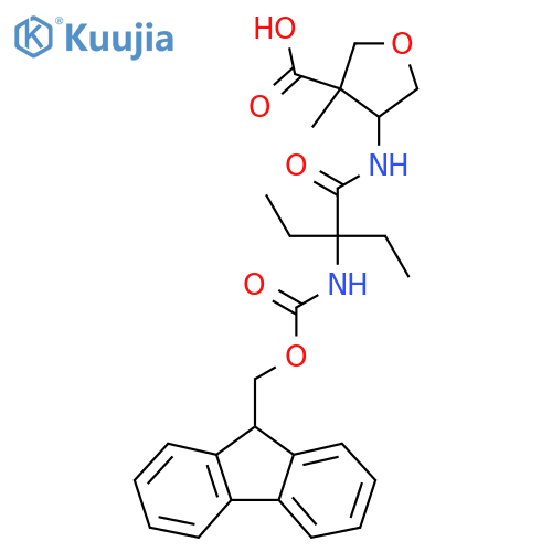 4-2-ethyl-2-({(9H-fluoren-9-yl)methoxycarbonyl}amino)butanamido-3-methyloxolane-3-carboxylic acid structure