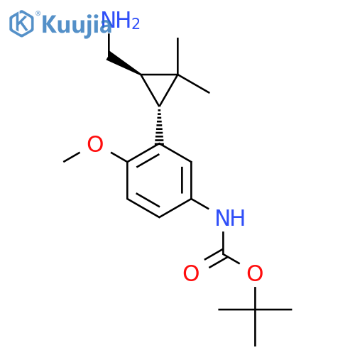 rac-tert-butyl N-{3-(1R,3R)-3-(aminomethyl)-2,2-dimethylcyclopropyl-4-methoxyphenyl}carbamate structure