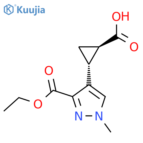 rac-(1R,2R)-2-3-(ethoxycarbonyl)-1-methyl-1H-pyrazol-4-ylcyclopropane-1-carboxylic acid structure