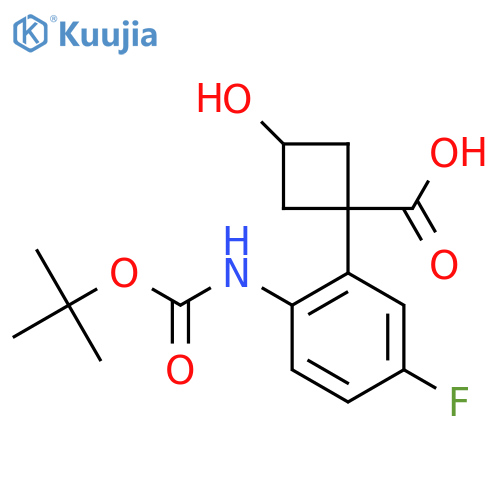 1-(2-{(tert-butoxy)carbonylamino}-5-fluorophenyl)-3-hydroxycyclobutane-1-carboxylic acid structure