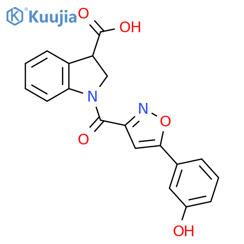 1-[5-(3-hydroxyphenyl)-1,2-oxazole-3-carbonyl]-2,3-dihydro-1H-indole-3-carboxylic acid structure