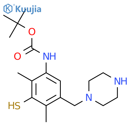 tert-butyl N-{2,4-dimethyl-5-(piperazin-1-yl)methyl-3-sulfanylphenyl}carbamate structure