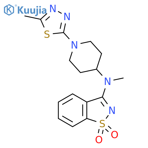3-{methyl1-(5-methyl-1,3,4-thiadiazol-2-yl)piperidin-4-ylamino}-1,2-benzothiazole-1,1-dione structure
