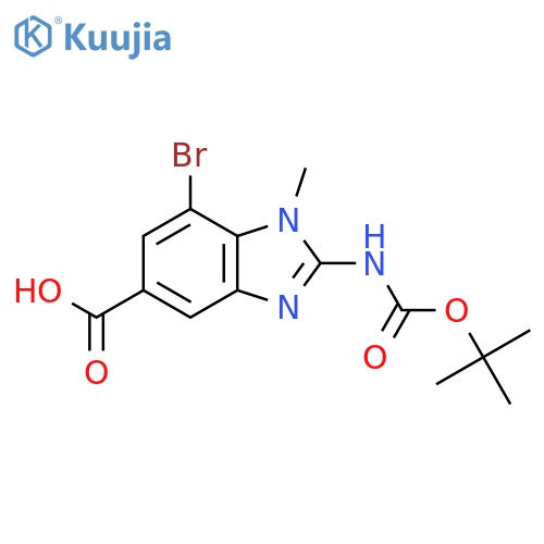7-bromo-2-{(tert-butoxy)carbonylamino}-1-methyl-1H-1,3-benzodiazole-5-carboxylic acid structure