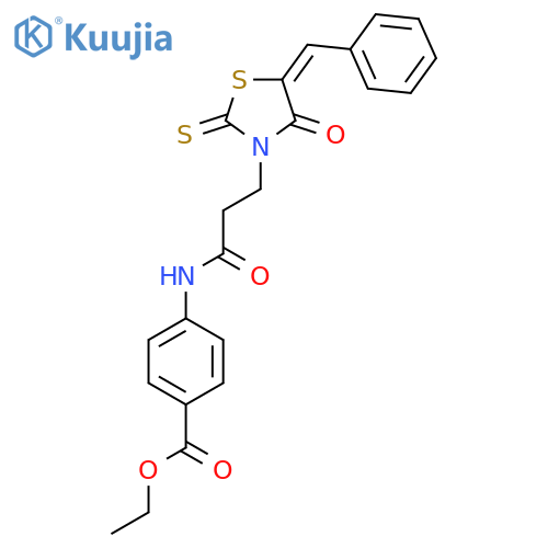 ethyl 4-{3-(5E)-4-oxo-5-(phenylmethylidene)-2-sulfanylidene-1,3-thiazolidin-3-ylpropanamido}benzoate structure
