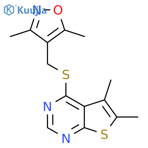 4-[({5,6-dimethylthieno[2,3-d]pyrimidin-4-yl}sulfanyl)methyl]-3,5-dimethyl-1,2-oxazole structure