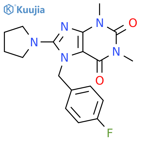 7-(4-fluorophenyl)methyl-1,3-dimethyl-8-(pyrrolidin-1-yl)-2,3,6,7-tetrahydro-1H-purine-2,6-dione structure