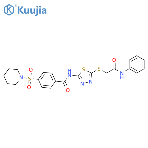 N-(5-{(phenylcarbamoyl)methylsulfanyl}-1,3,4-thiadiazol-2-yl)-4-(piperidine-1-sulfonyl)benzamide structure