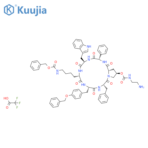 Cyclo[(2S)-2-phenylglycyl-D-tryptophyl-N6-[(phenylmethoxy)carbonyl]-L-lysyl-O-(phenylmethyl)-L-tyrosyl-L-phenylalanyl-(4R)-4-[[[(2-aminoethyl)amino]carbonyl]oxy]-L-prolyl], mono(trifluoroacetate) structure