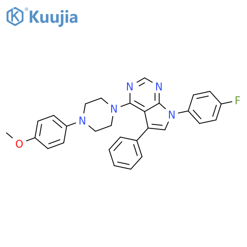 1-[7-(4-fluorophenyl)-5-phenyl-7H-pyrrolo[2,3-d]pyrimidin-4-yl]-4-(4-methoxyphenyl)piperazine structure