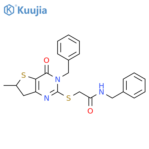 N-benzyl-2-({3-benzyl-6-methyl-4-oxo-3H,4H,6H,7H-thieno3,2-dpyrimidin-2-yl}sulfanyl)acetamide structure