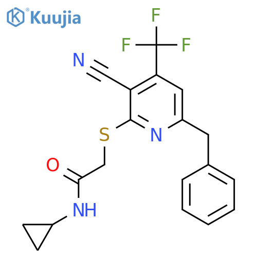 2-{[6-benzyl-3-cyano-4-(trifluoromethyl)pyridin-2-yl]sulfanyl}-N-cyclopropylacetamide structure