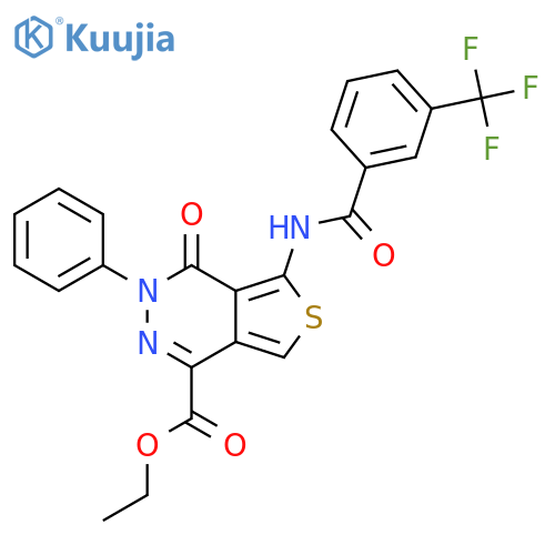 ethyl 4-oxo-3-phenyl-5-3-(trifluoromethyl)benzamido-3H,4H-thieno3,4-dpyridazine-1-carboxylate structure
